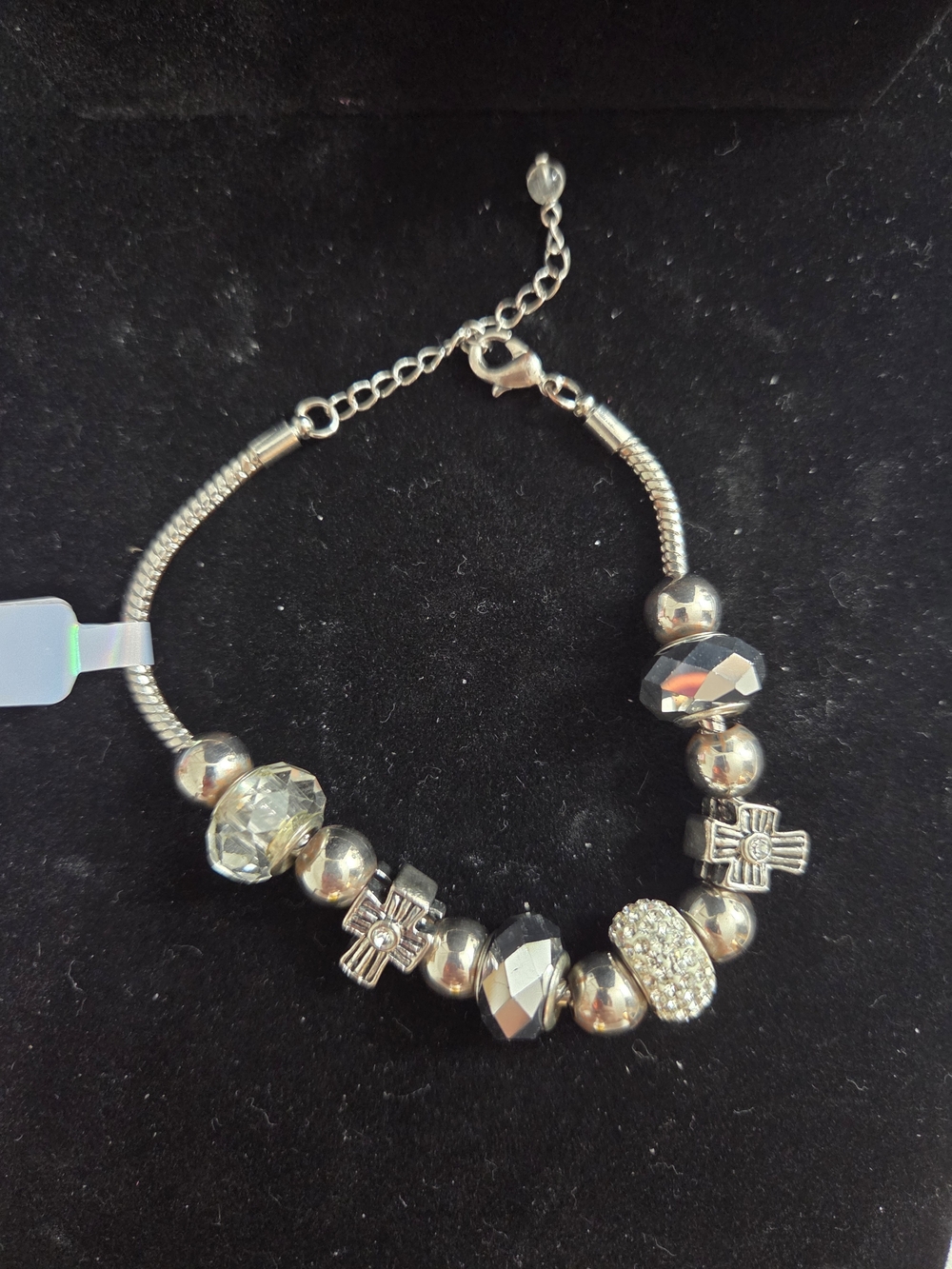 Silver-Tone Beaded Charm Bracelet - Sparkling Crystal Accents